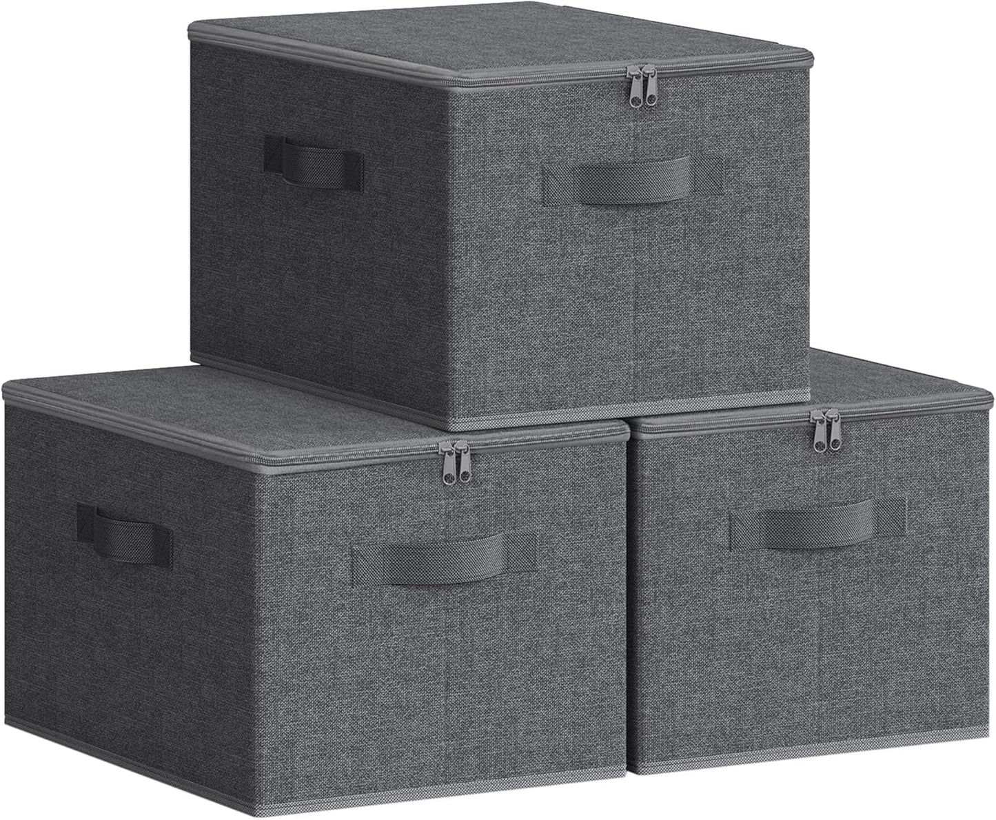 SONGMICS Foldable Storage Organizer Boxes - Set of 3 Bins with Lids & Handles | Slate Gray, 15.7 x 11.8 x 9.8 Inches