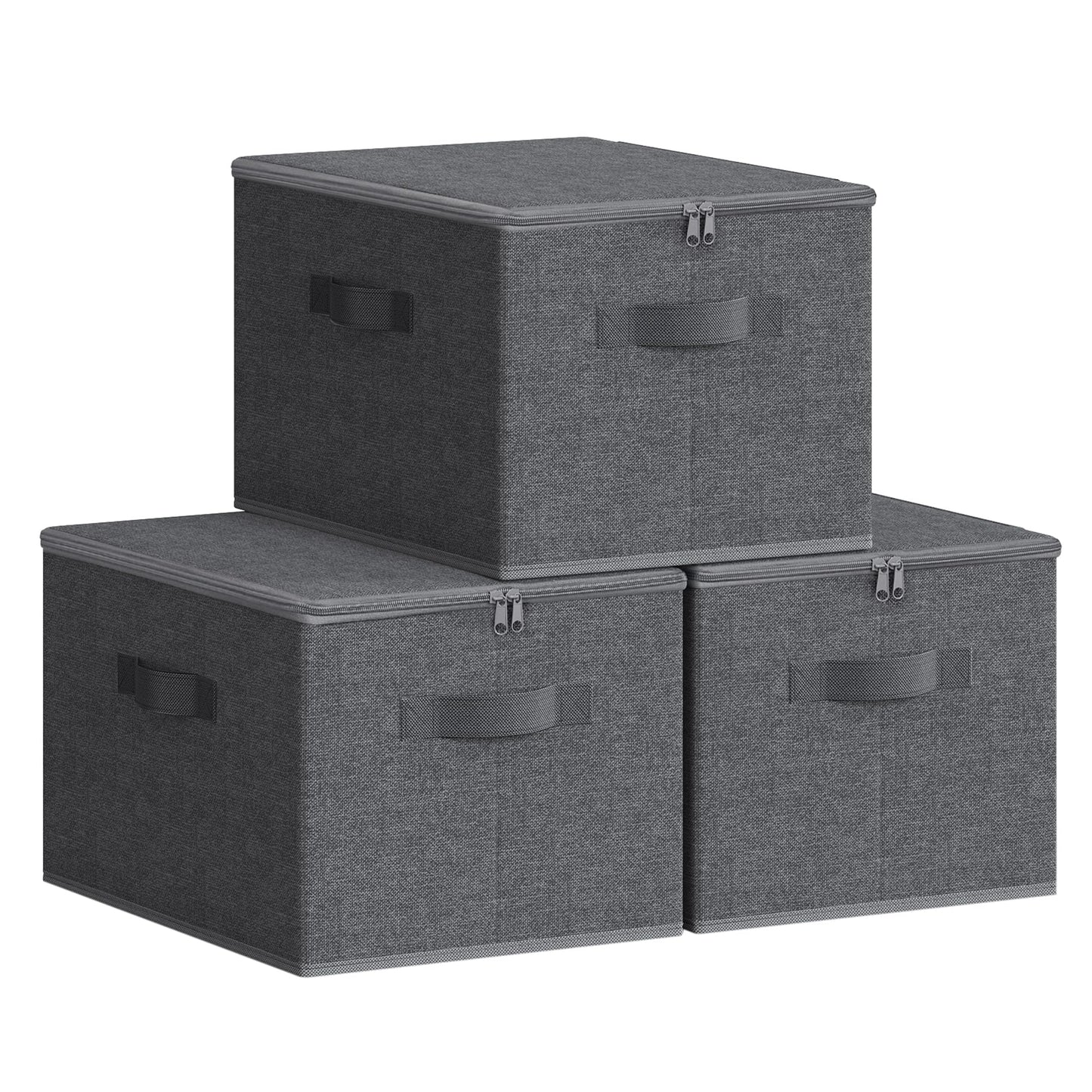 SONGMICS Foldable Storage Organizer Boxes, Set of 3 Storage Basket Bins with Lids, Handles, Clothes Organizer, 15.7 x 11.8 x 9.8 Inches, Non-Woven Fabric, Slate Gray URYZB03G