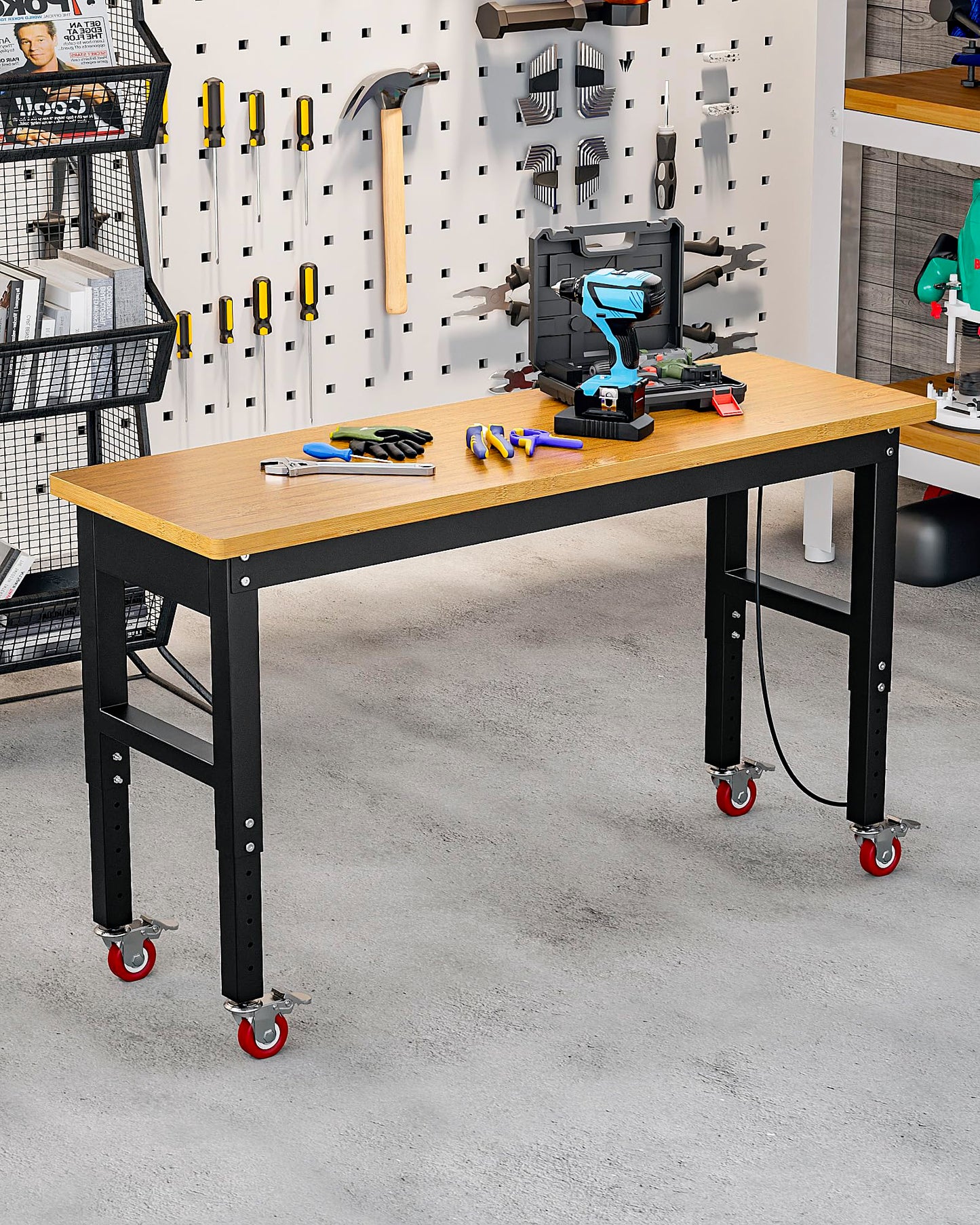 60" Heavy Duty Workbench with Wheels, Max. 2200 LBS Capacity Adjustable Height Solid Wood Work Bench Table, Work Bench Station for Garage, Shop, Home, Office