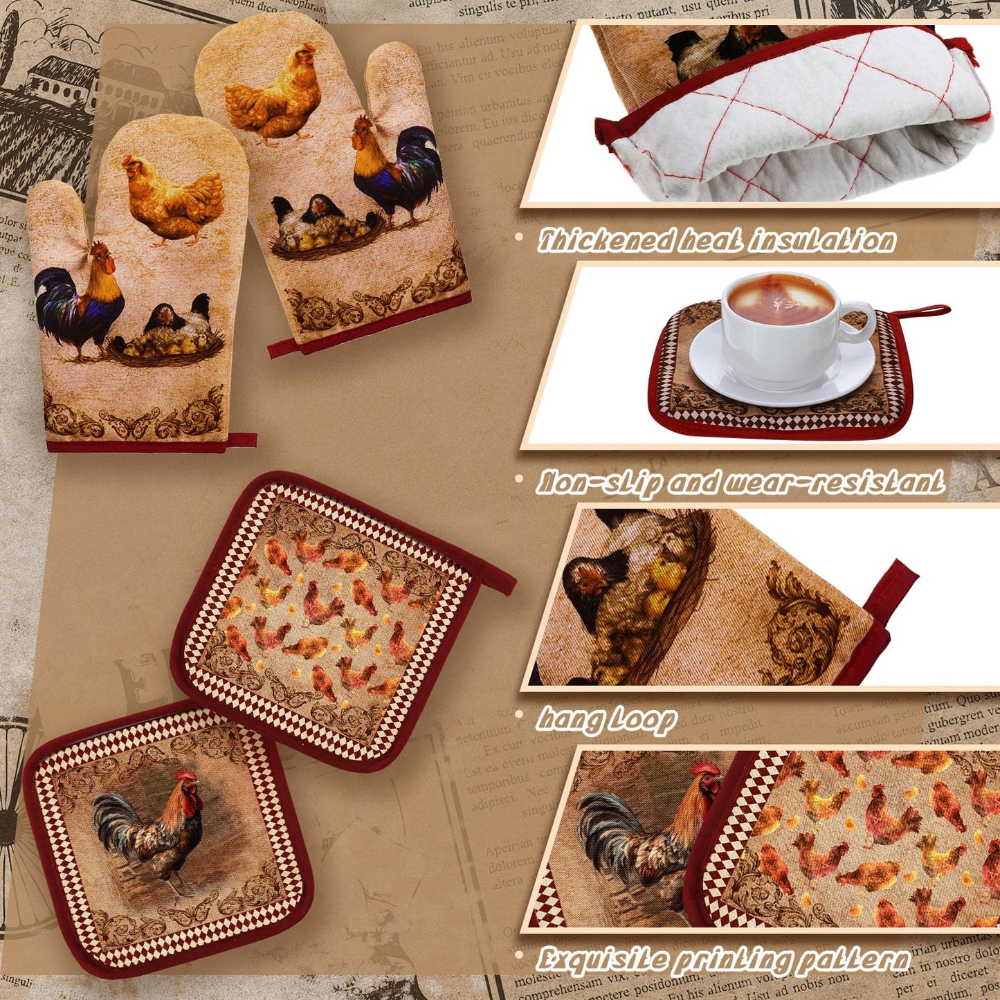 Fourluoo 10 Pcs Rooster Chicken Kitchen Dish Towels Rugs Oven Mitts and Pot Holders Sets Farmhouse Rustic Rooster Kitchen Decor Set for Cooking Baking Grilling Women Mom Gift(Brown)