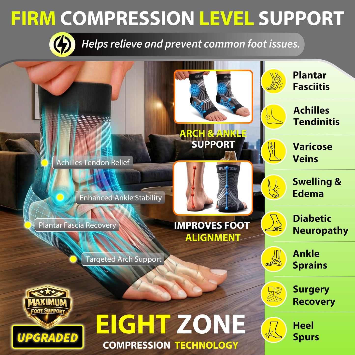 Compression Socks for Plantar Fasciitis, Achilles Tendonitis, Arthritis Relief, Ankle Brace Compression Sleeve with Foot Arch Support, Ankle Wrap for Women, Men, Swelling & Heel Pain Black L-XL