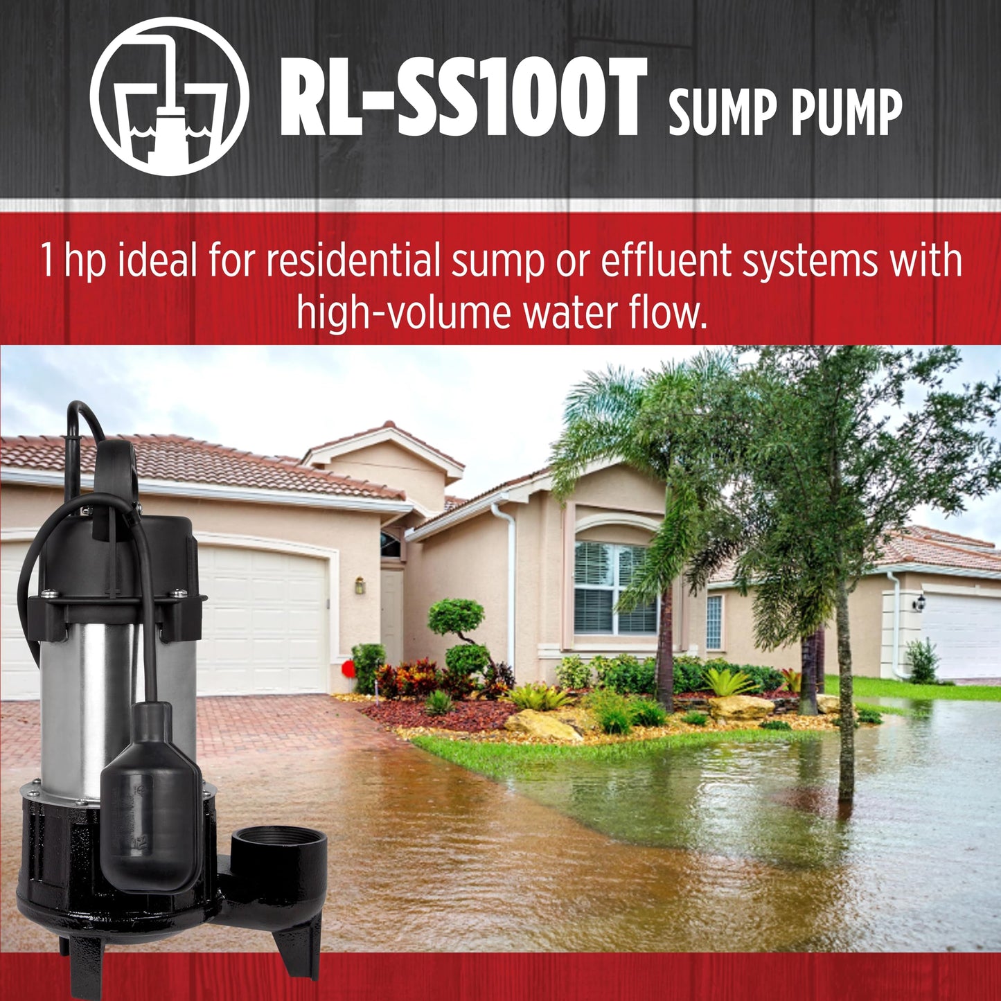 Red Lion RL-SS100T 115 Volt, 1 HP, 5300 GPH Premium Submersible Stainless Steel Sump Pump with Tethered Switch and 20-Ft. Cord, Black, 14942782