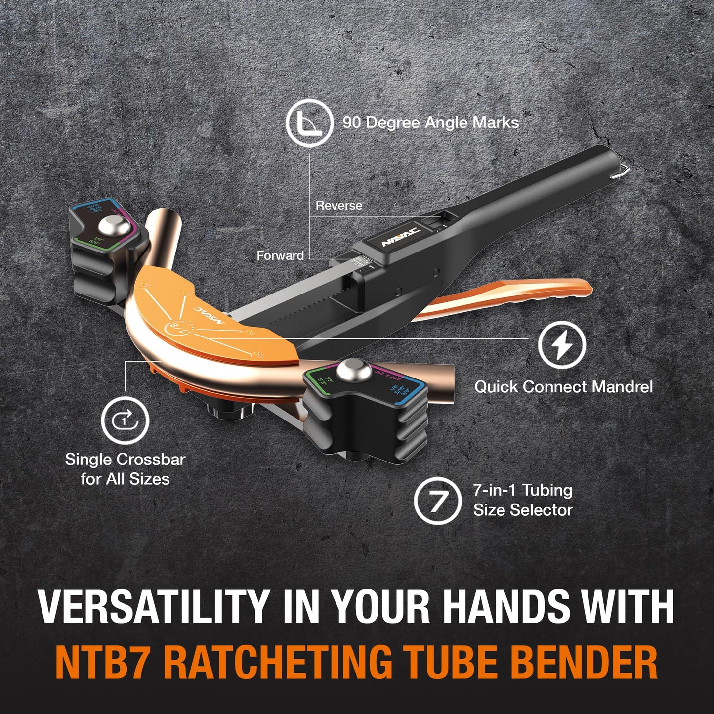 NAVAC NTB7 Ratcheting Tubing Bender for HVAC - Soft Copper Bender for Sizes 1/4, 5/16, 3/8, 1/2, 5/8, 3/4, 7/8 Inch OD
