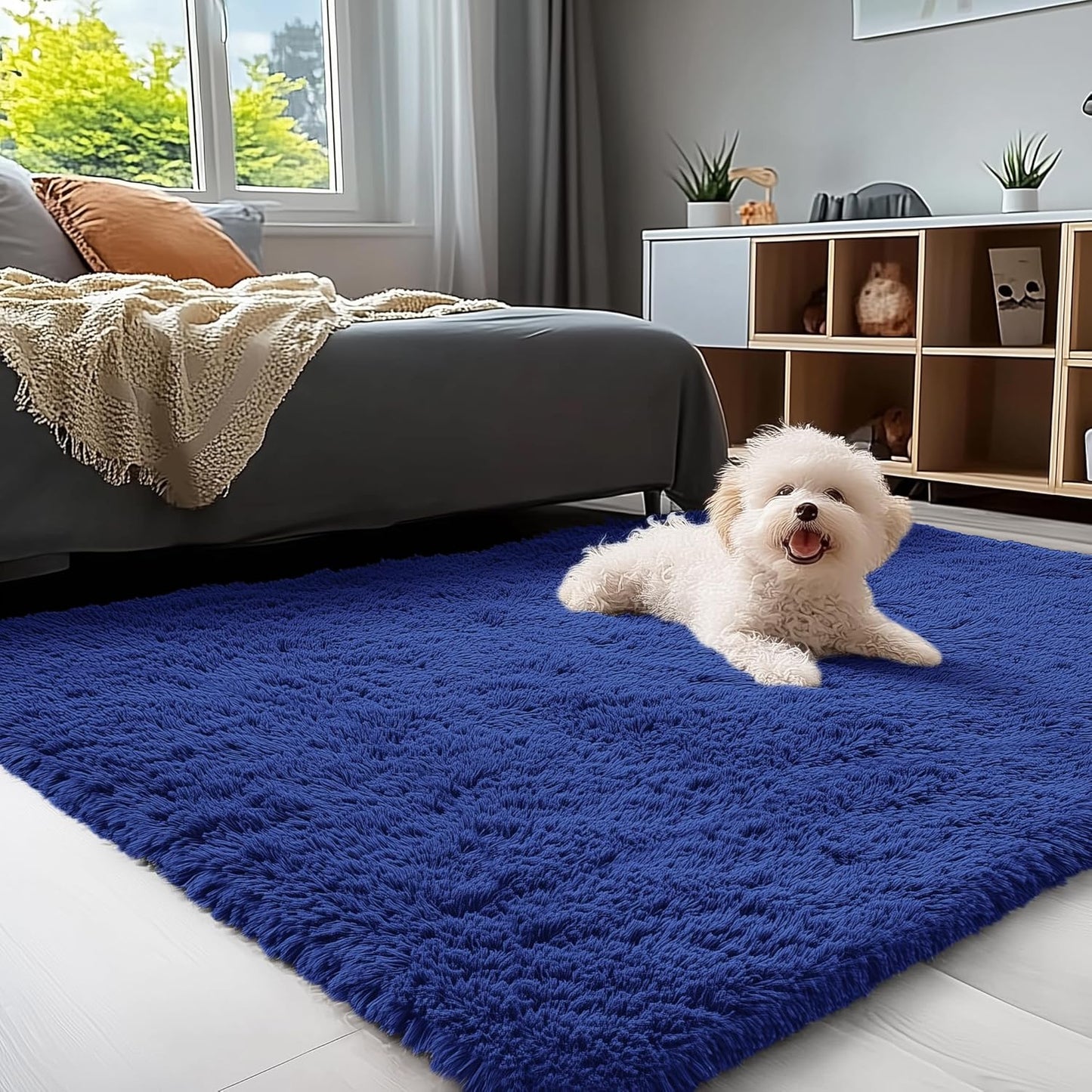 OLANLY Soft Fluffy Shaggy 3x5 Bedside Rug - Machine Washable Indoor Carpet for Kids & Nursery | Navy Blue