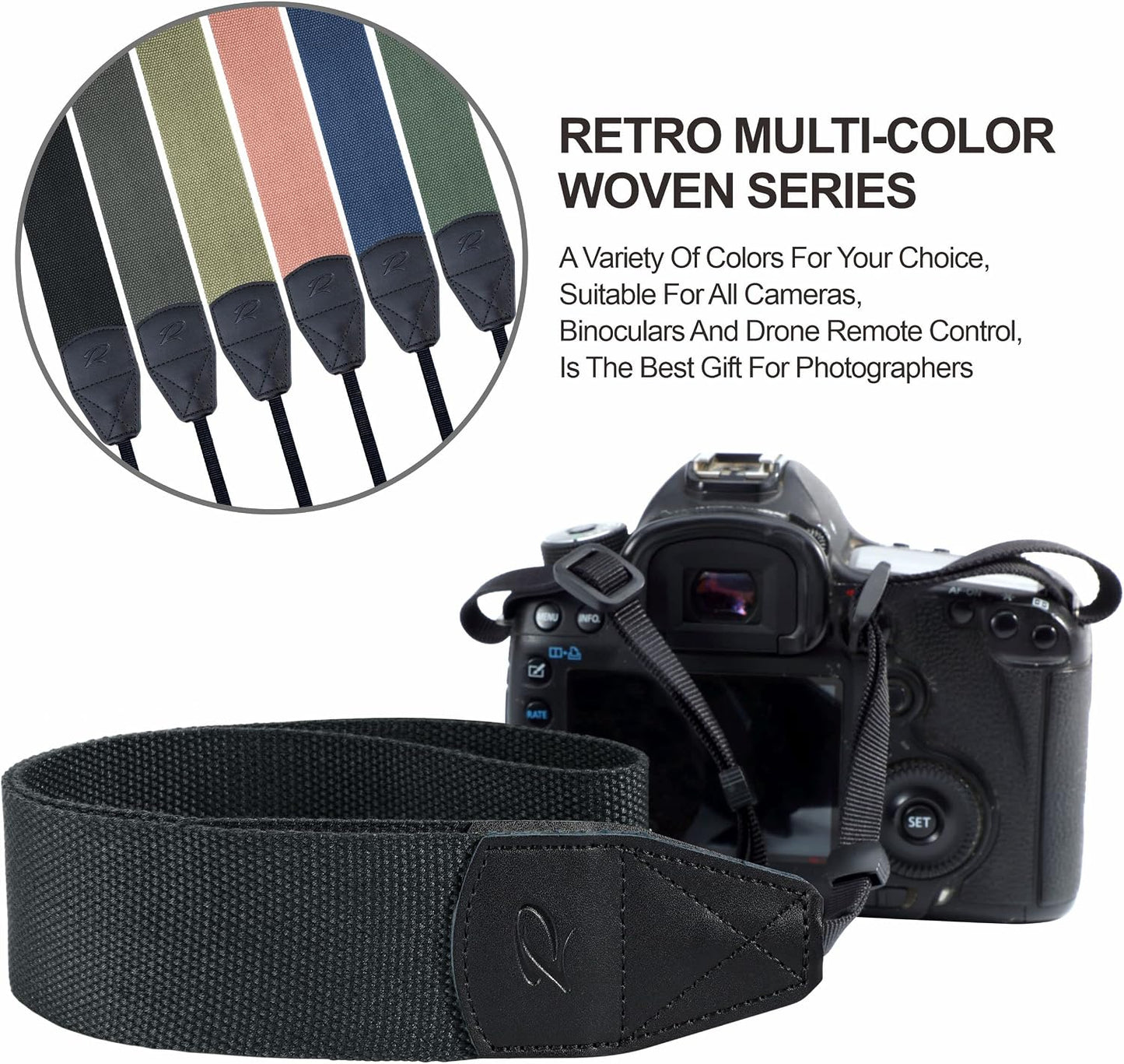 2" 2 Padwa Lifestyle Black Camera Strap - Wide Cotton Woven Genuine Leather Head Camera Straps,Complimentary Pcs Quick