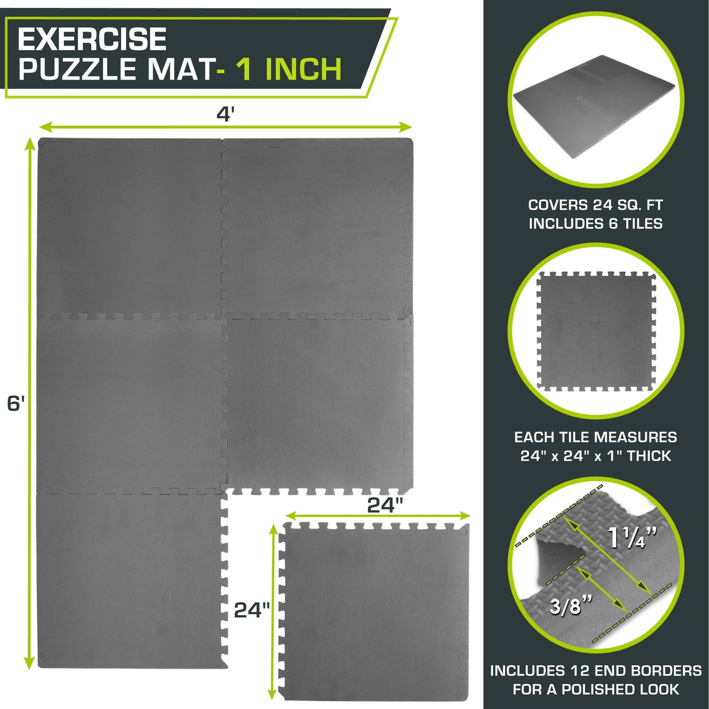 ProsourceFit Weaved Pattern Extra Thick Exercise Puzzle Mat 1-inch, EVA Foam Interlocking Tiles for Protective, Cushioned Flooring for Home and Gym Equipment; Grey, 24 SQ FT, 6 Tiles
