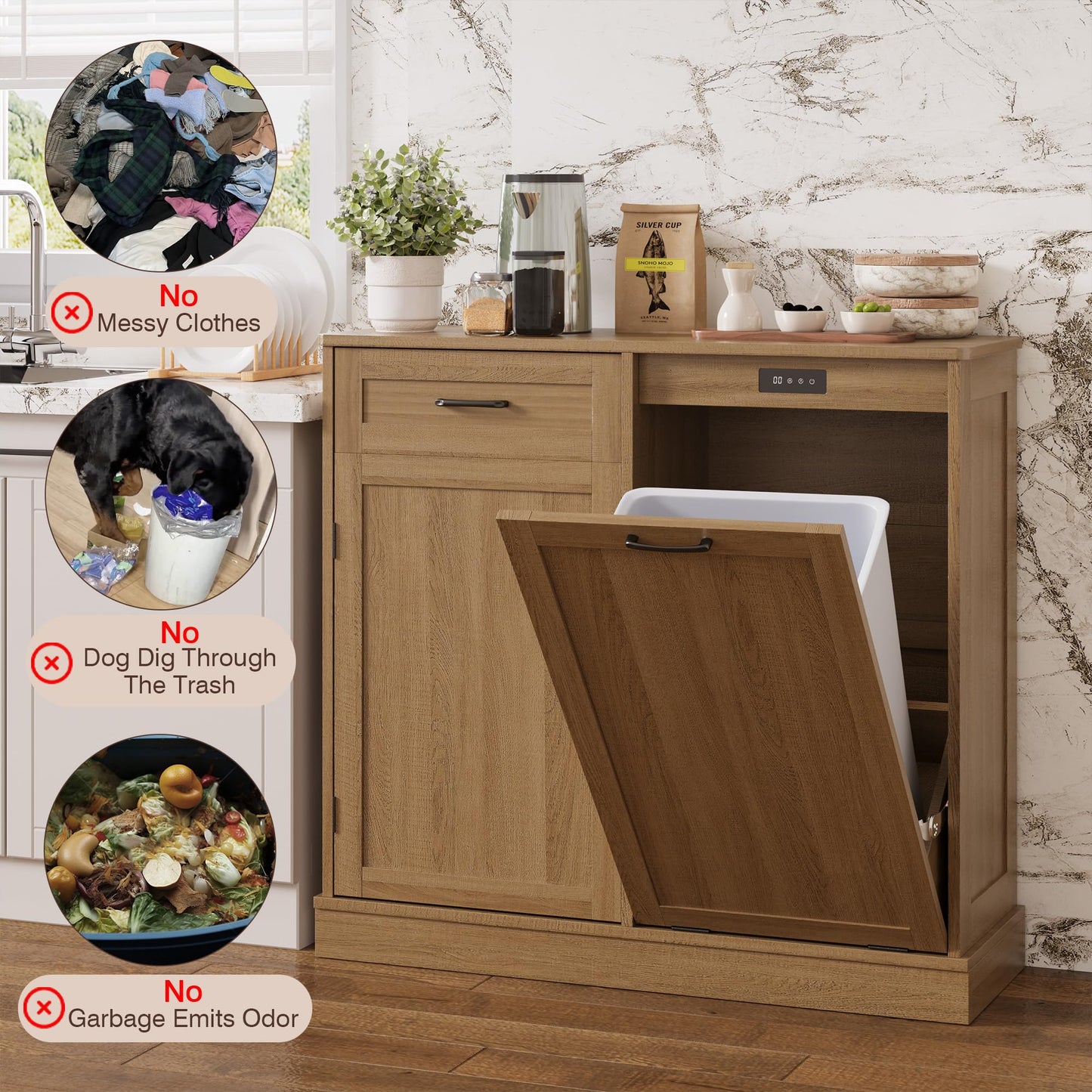 LOUVIXA Double Tilt Out Trash Cabinet, Kitchen Island with Trash Storage, Trashcan Cabinet for Kitchens, Wood Cabinet with Trash Can Pull Out, Dog Proof Trash Can (Light Coffee, 10 Gal)