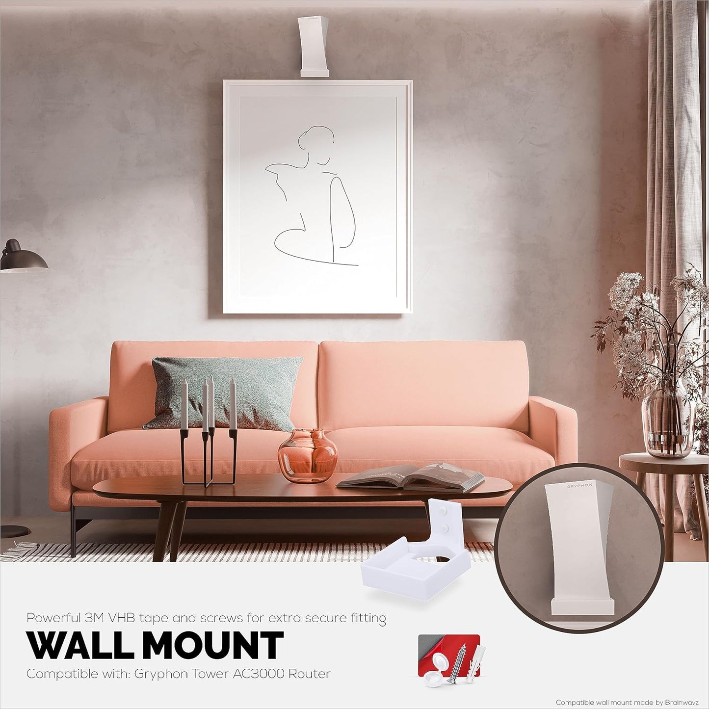 BRAINWAVZ AC3000 Wall Mount for Gryphon Tower Mesh WiFi Router, Easy to Install Holder Bracket, Reduce Interference