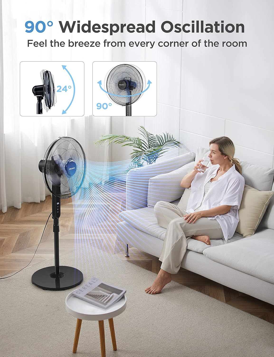 PELONIS 16-Inch Oscillating Pedestal Fan - Ultra Quiet DC Motor, Adjustable Height, Remote Control, 12 Speeds, Black