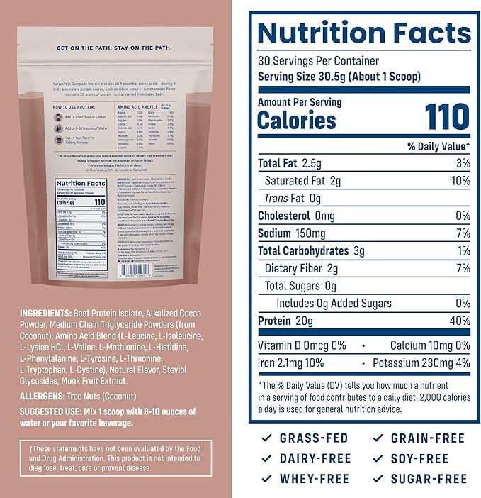 NativePath Complete Beef Protein Powder Isolate ??Grass-Fed, Pasture-Raised, Dairy & Lactose Free, Gluten Free, Zero Sugar, MCTs & Amino Acids ??20g Protein, Chocolate Flavor, 30 Servings