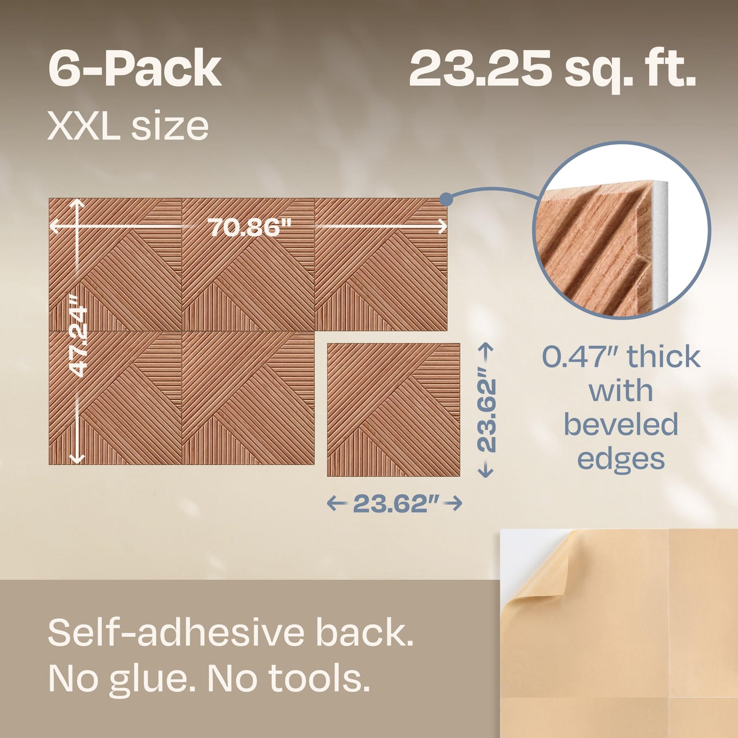 Ekkogo XL Acoustic Wall Panels 6-Pack Decorative Acoustic Panels High Density Sound Absorbing Wall Art 70.86X47.24 Inches with Self-adhesive for Studio Home and Office - Teak Wood Finish