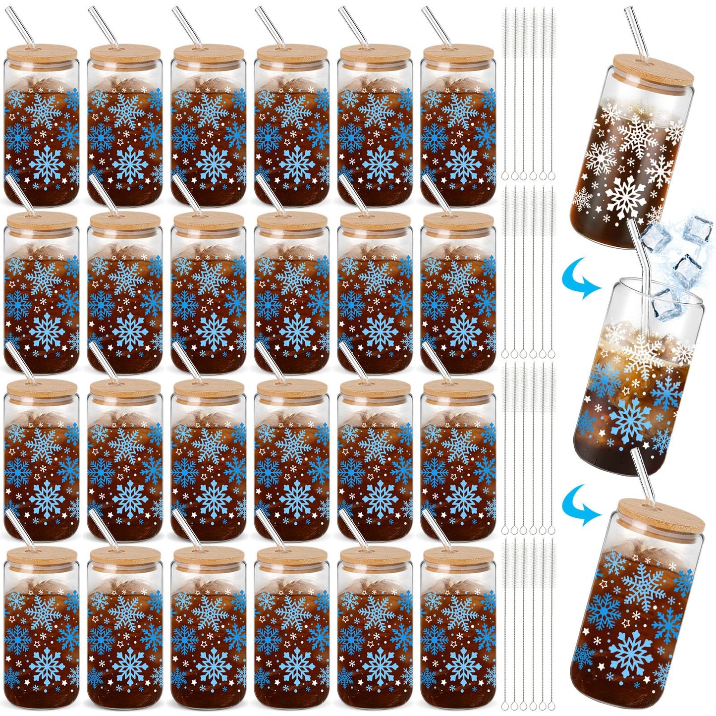 Yetene 24 Pack Snowflake Glass Cups Gifts 16 oz Color Changing Winter Glass Tumblers with Lids Straws Brushes Snowflake Lights Iced Coffee Cups for Women Men Employee Coworkers Holiday Party Favors