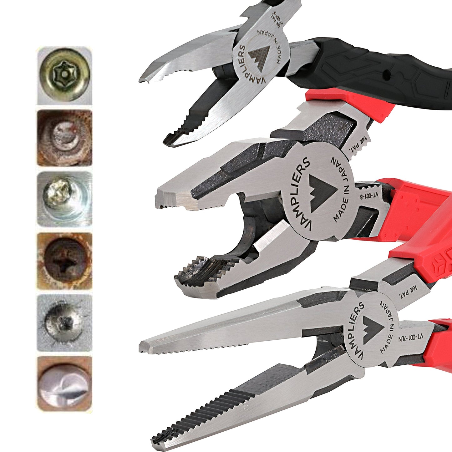 VAMPLIERS 3-PC Screw Extractor Pliers Set Made in Japan: 8" Linesman, 7.5" Long Nose, and 5" Mini Screw Remover Plier. High Carbon Steel Stripped Screw Removal Tools