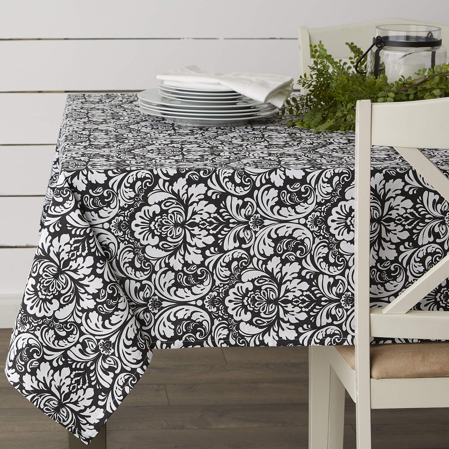 DII Damask Cotton Tablecloth, 70" Round, Black