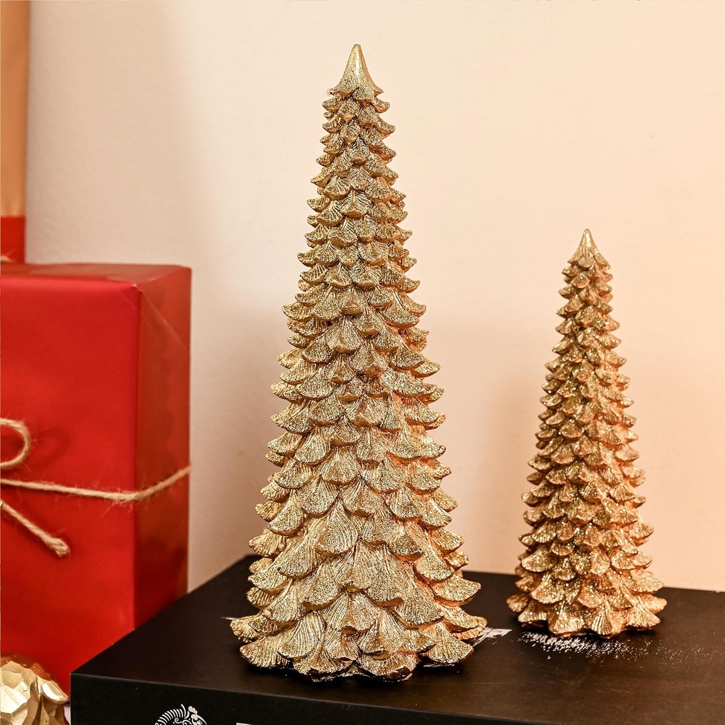 AOMOONOA Gold Christmas Tree Figurines - 2Pcs Resin Glitter Tabletop Decor | Small Xmas Trees Set