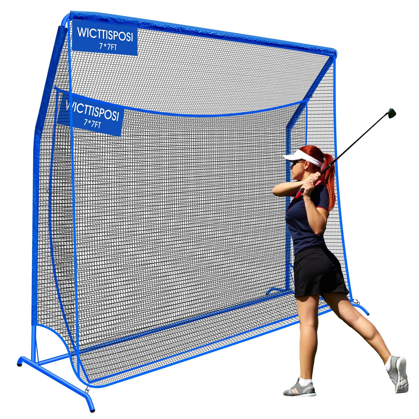 Golf Hitting Net with Extra Striking Net, 7x7ft Heavy Duty Golf Practice Net for Golfers Backyard Driving Swing, Golf Impact Net Cage Metal Frame with Storage Bag and Elevated Base, Indoor Outdoor Use