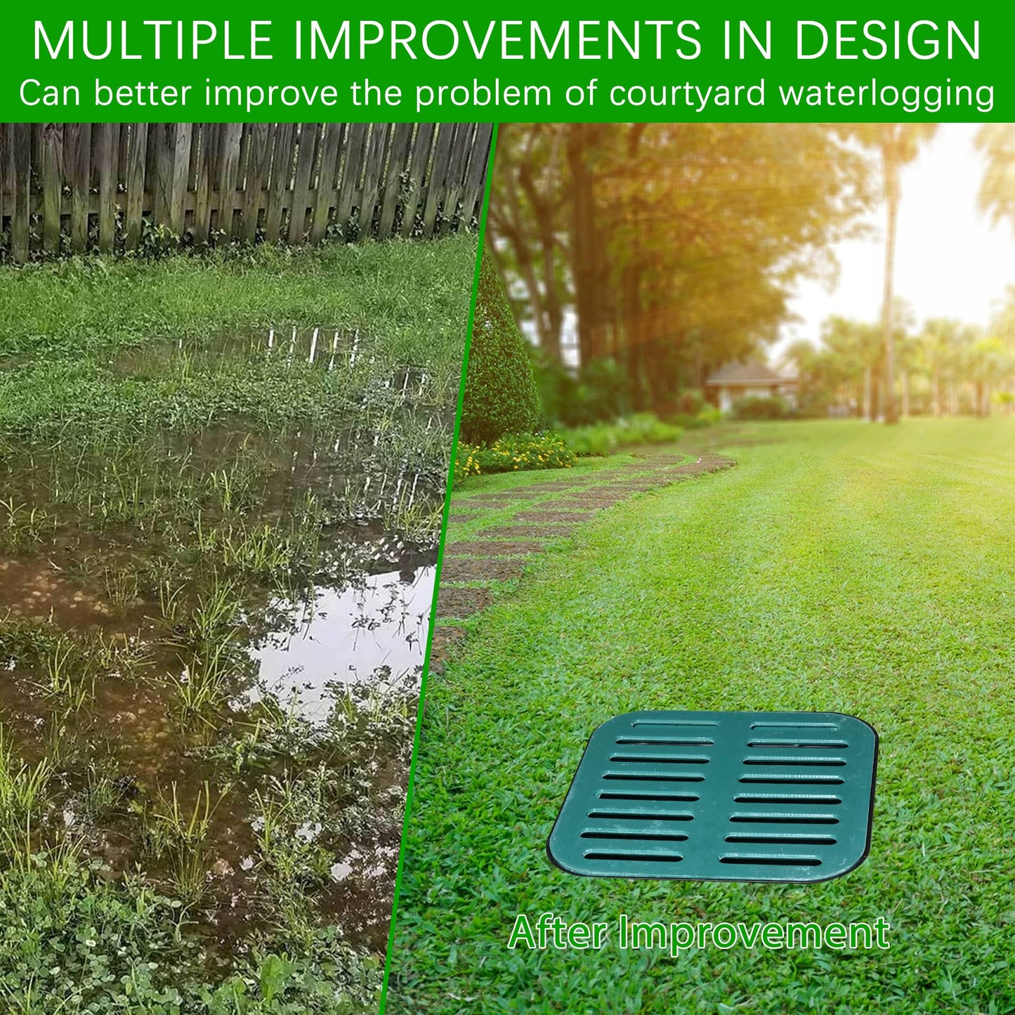 18x18x15 in Large Catch Basin for Drainage with Debris Basket,Catch Basin with Fiber Glass Grate,French Drain Catch Basin Without pre drilled Holes are Suitable for courtyards, downspouts, lawns