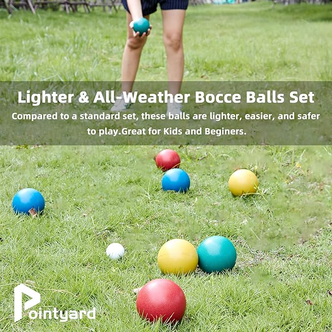 Pointyard 84mm Bocce Ball Set, Outdoor Games for Adults and Family, Backyard Ball Set with 8 PE Bocce Balls & 1 Pallino & Carry Bag & Measuring Tape for Teens Beginners