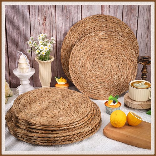 30 PCS Round Bulrush Woven Placemats 13.8 Inch Boho Rattan Chargers for Dinner Plates Natural Hand Weave Table Mats Rustic Wicker Braided for Farmhouse Home Wedding Party Outdoor Christmas Decor