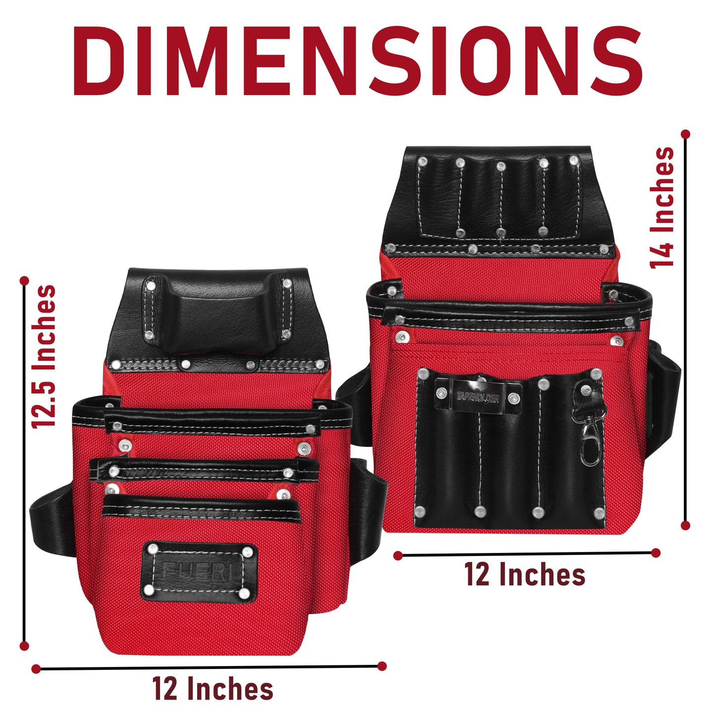 FUERI Heavy Duty 26 Pocket Tool Belt with Suspender | Grain Black Leather & Red Nylon Carpenter Tool Belt With 2 Large Pouches, Hammer Holder, Suspender Loops & Padded Belt, Ideal for Electricians