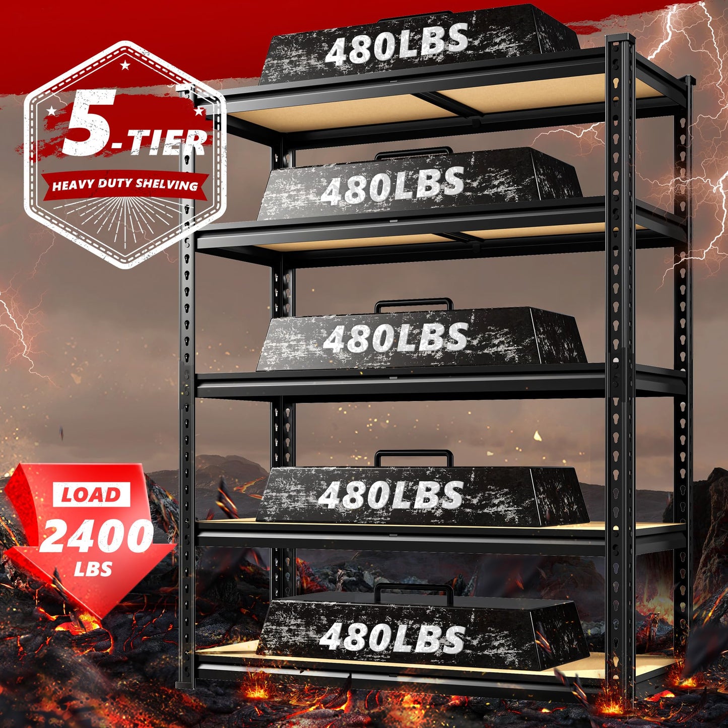 REIBII 2400LBS Storage Shelves 5 Tier Garage Shelving Heavy Duty Adjustable Garage Shelves, Utility Rack Shelf, Shelving Units for Warehouse Pantry Closet, Commercial, 35.5" W x 11.9" D x 72" H, Black