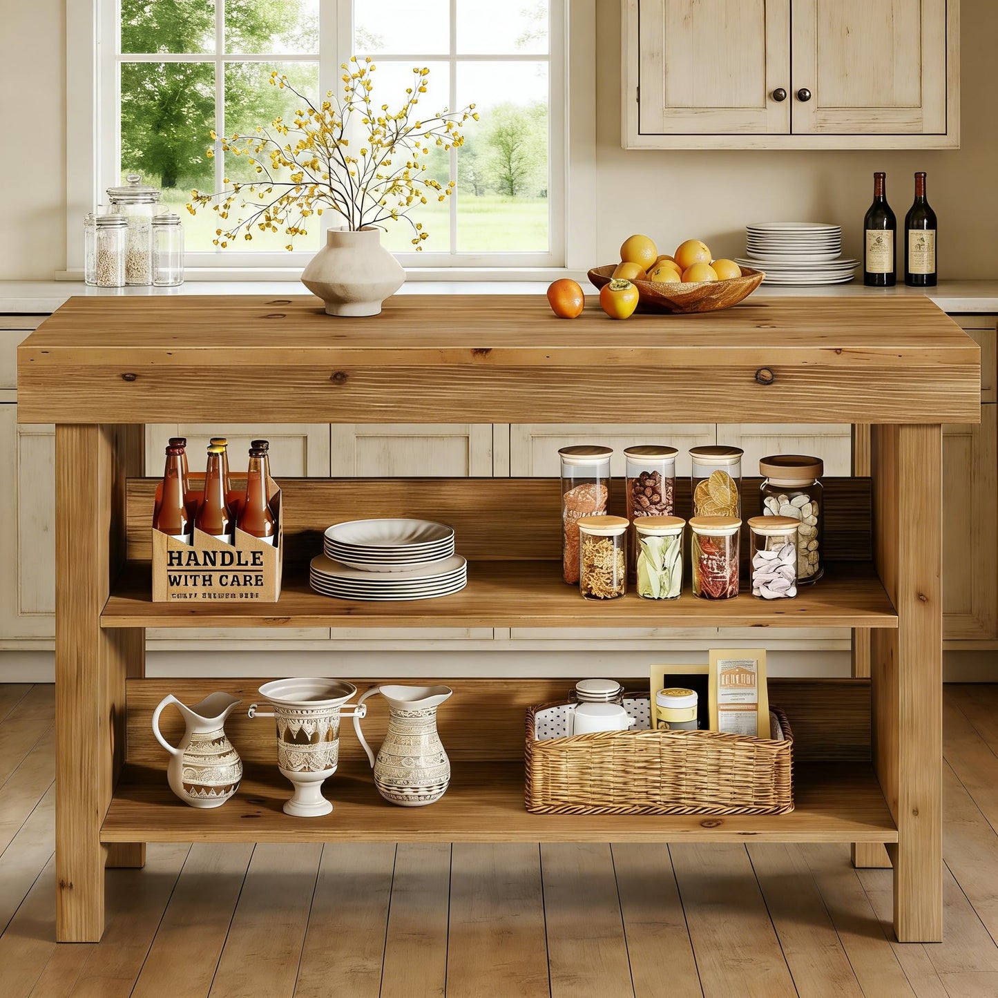 TRIBEWOOD 55" Solid Wood Kitchen Island with Storage, Farmhouse Kitchen Island Table with 3-Tier Open Shelves and Large Countertop for Kitchen, Dining & Living Room, Natural Oak
