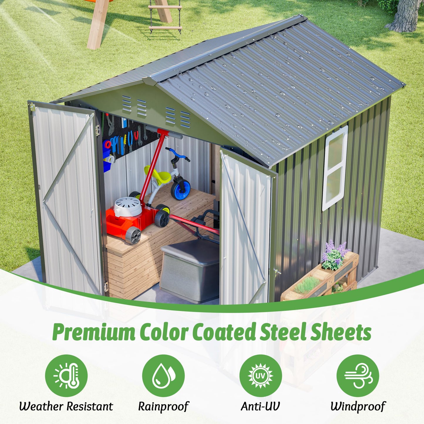 6x6 FT Outdoor Storage Shed with Lockable Doors & Sloping Roof & Clear Window, Galvanized Steel Metal Garden Tool Shed for Backyard, Patio, Poolside