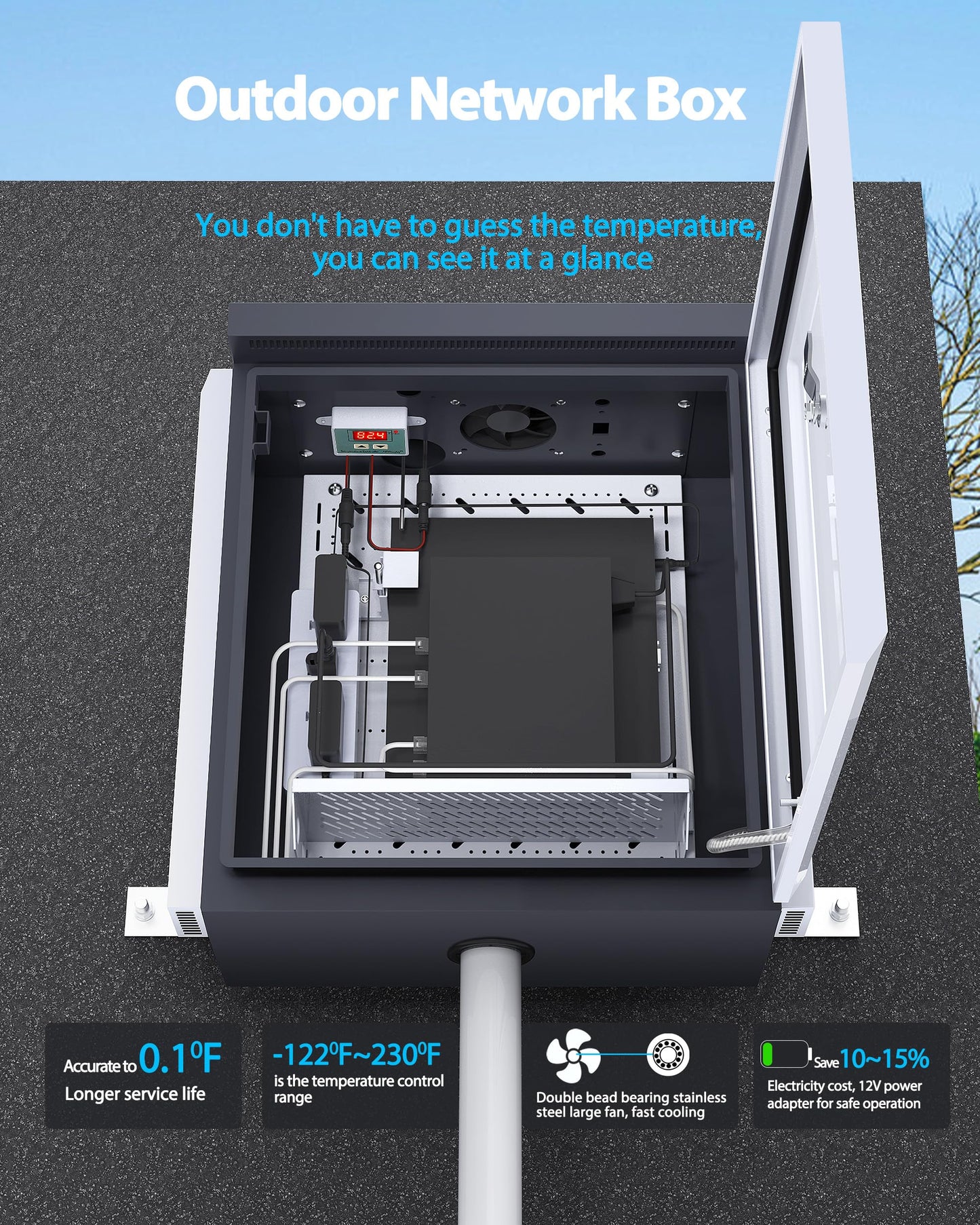 Akwscyby Outdoor Electrical Box with Thermostat and Fan, Precise Temperature Control 0.1°F, IP65 Water Resistant Rating, Galvanized Steel, Aluminum Rear Beam(21.7" x 17.3" x 9.0")