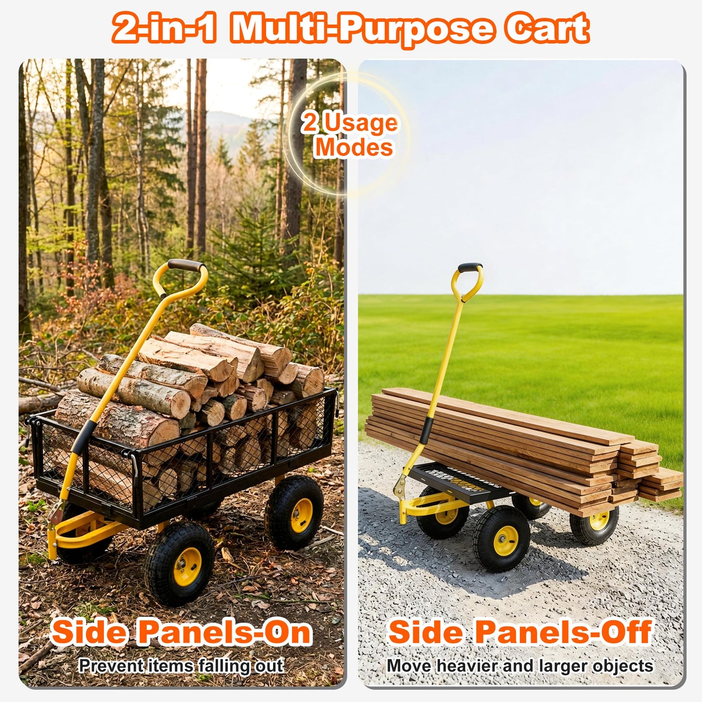 DIAMONDFORGE 500lbs Heavy Duty Garden Cart, Steel Garden Wagon Cart with Fixedable Rotating Handle for Backyard, Utility Yard Wagon with 10" All Terrain Tires, Mesh Removable Sides