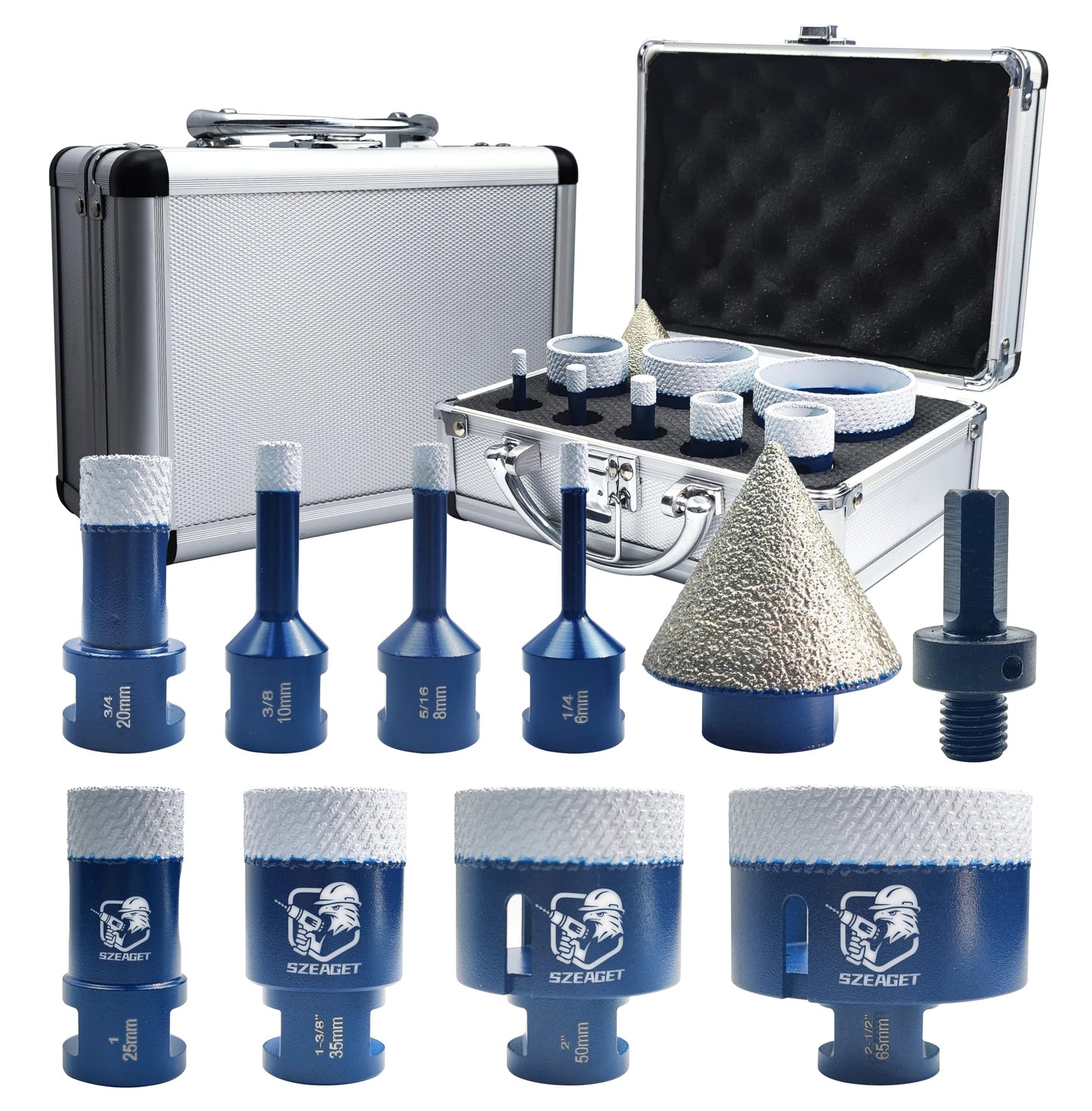 Diamond Tile Hole Saw Kit 9-Piece - SZEAGET Diamond Drill Bits (6/8/10/20/25/35/50/65mm Sizes) + 38mm Diamond Beveling Chamfer Bit for Marble, Granite, Ceramic Tile,10X Longer Life