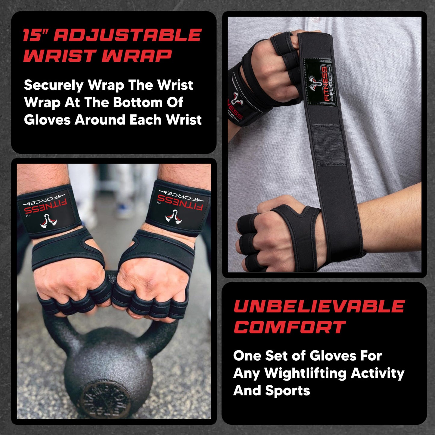 FITNESS FORCE Ventilated Weightlifting Gloves Workout Gloves for Men & Women with Built-in Wrist Wraps Fingerless Gym Gloves for Men Perfect for Exercise Fitness, Weight Lifting, Cross Training