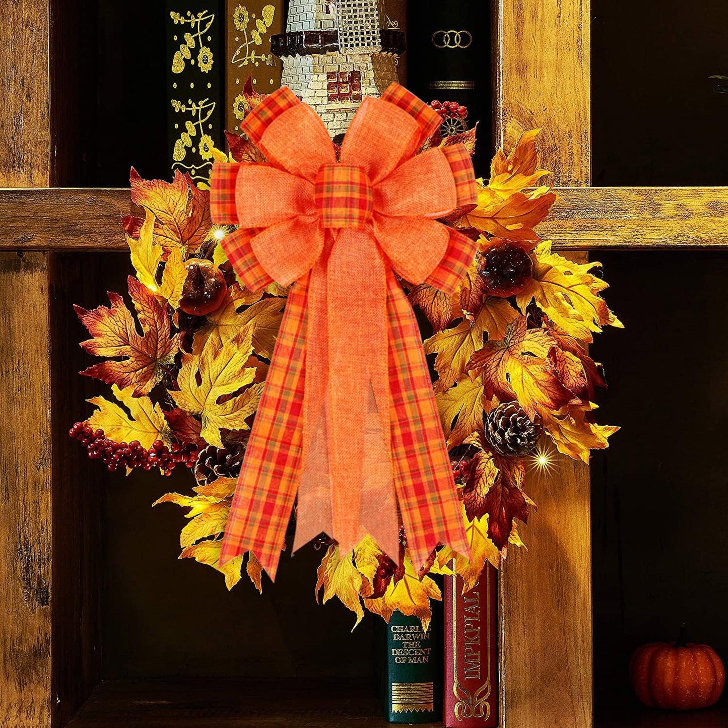 Skiennix Fall Bows - 2 Pack Halloween & Thanksgiving Wreath Decorations | Orange Buffalo Plaid