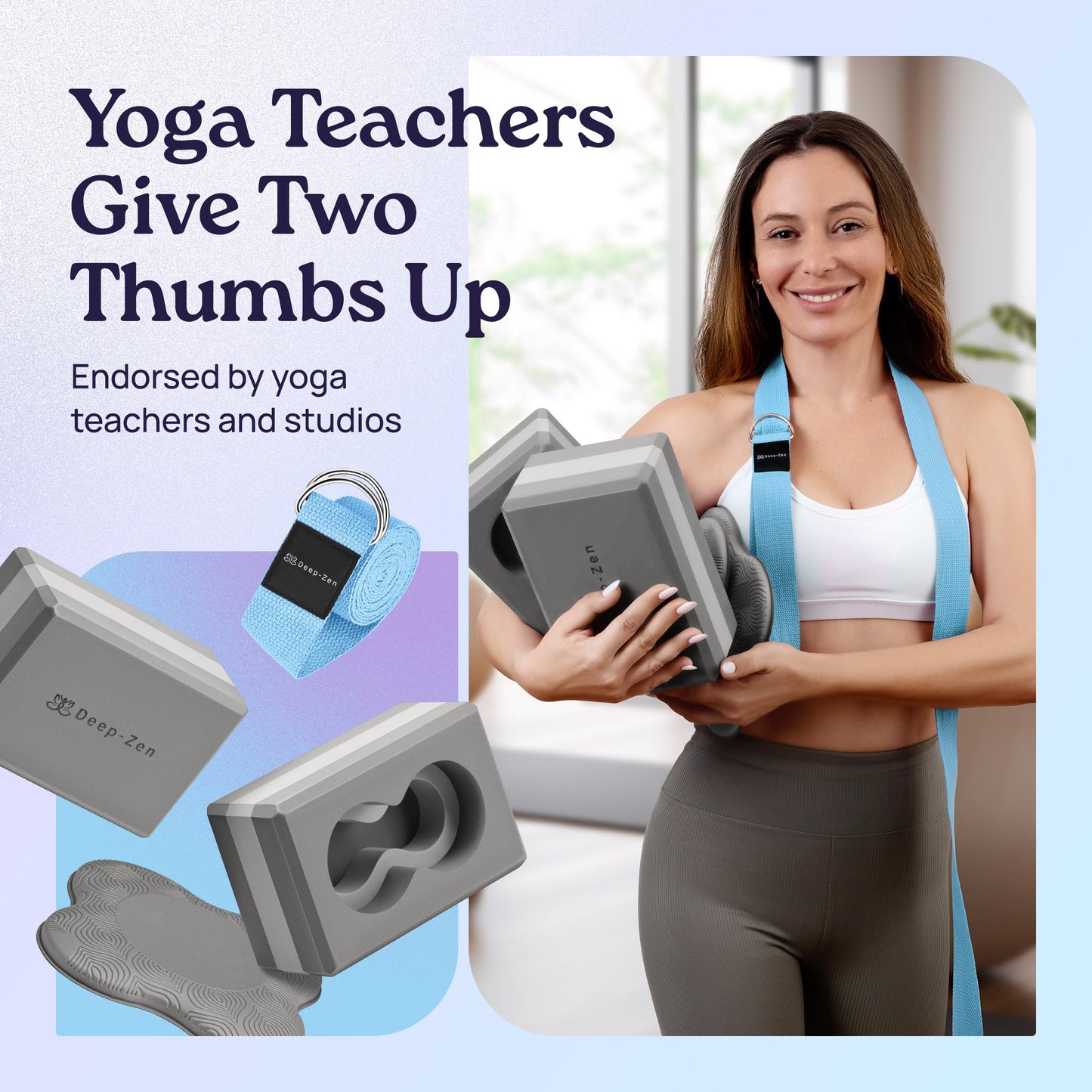 Deep-Zen® Yoga Blocks Wrist Support; Yoga Blocks 2 Pack with Knee Pads and Strap to Put Less Weight on Wrists; Durable, Versatile Yoga Brick Exercise Block Set, Blocks Yoga (Grey)