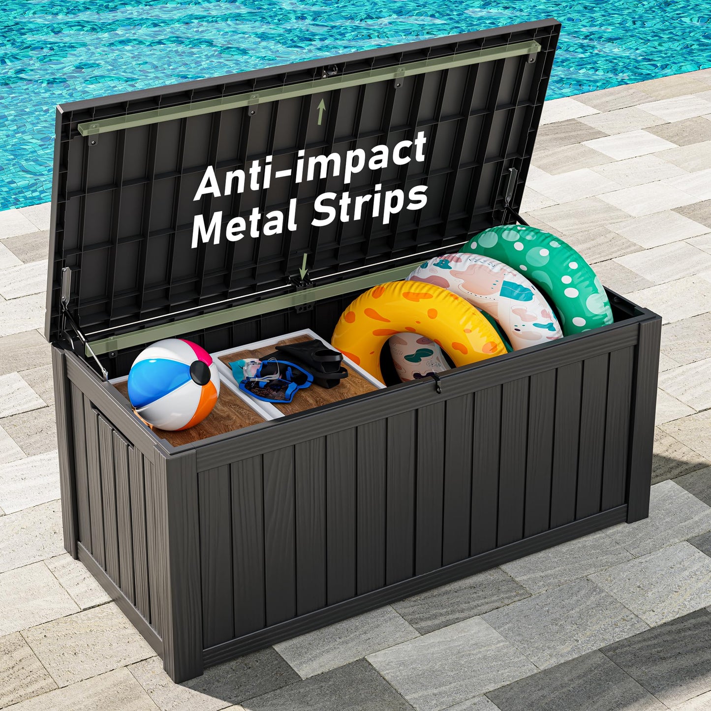 WTFGO 150 Gallon Outdoor Storage Box, Resin Deck Boxes Outdoor Waterproof For Patio Furniture, Garden Tools, Pool Supplies, Lockable And UV Resistant (Striped Black)