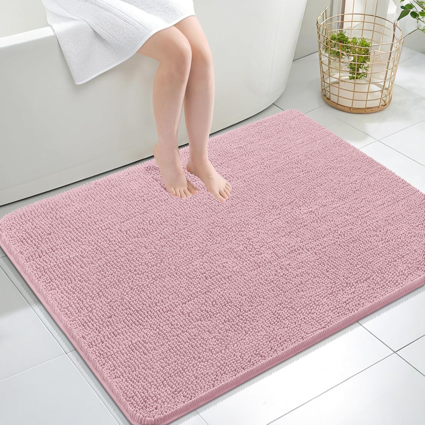 OLANLY Large Bath Rugs - Extra Soft Chenille, Quick-Dry Rubber Backing, Machine Washable | Dusty Rose 40x32