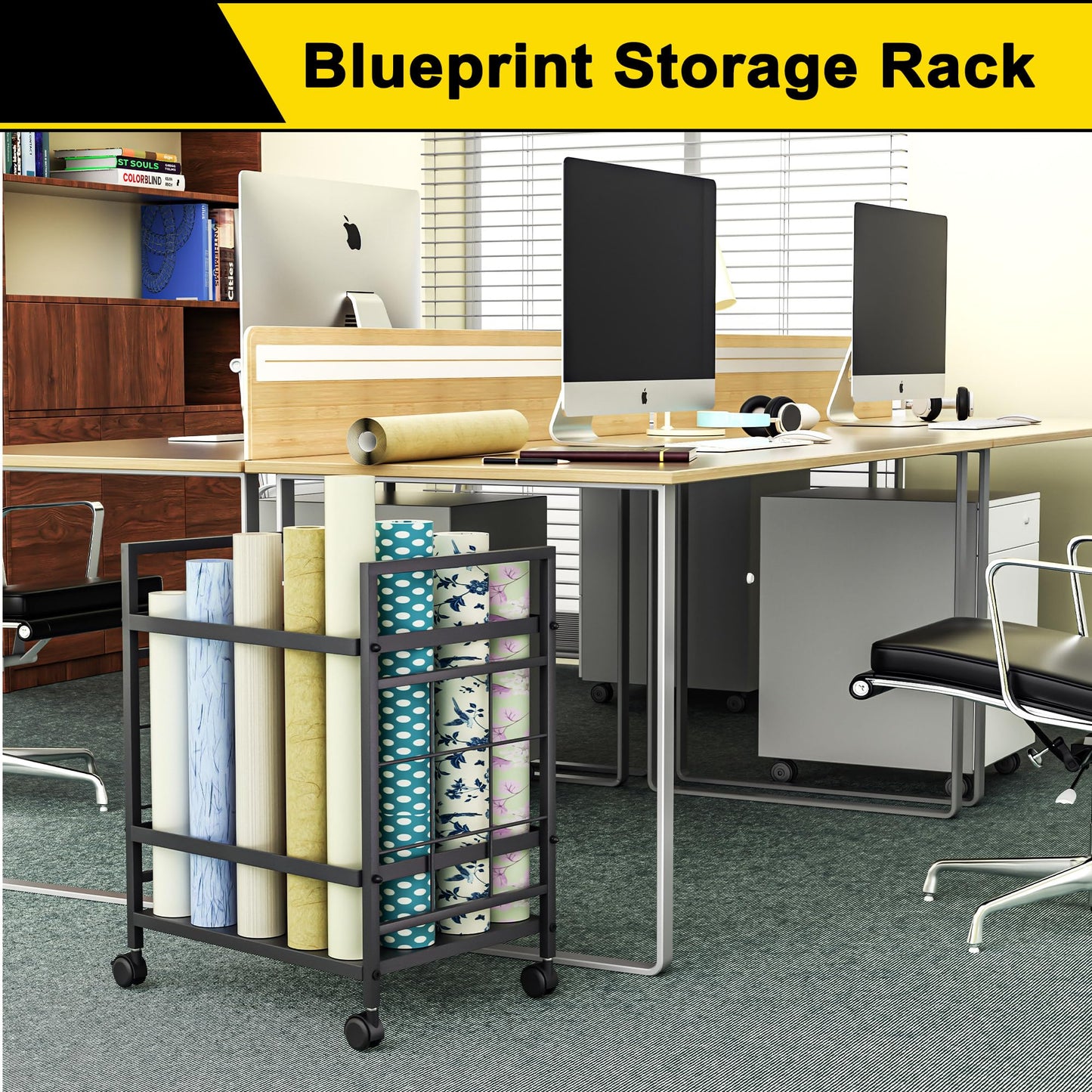 Blueprint Storage Rack, Blueprint Holder with Wheels, Used for Storing Blueprint/Carpet/Map/Poster/Architectural Construction Plan, 20 Slots(3.2" x 3.2"), Silent Wheel for Home, Office, School(Black)