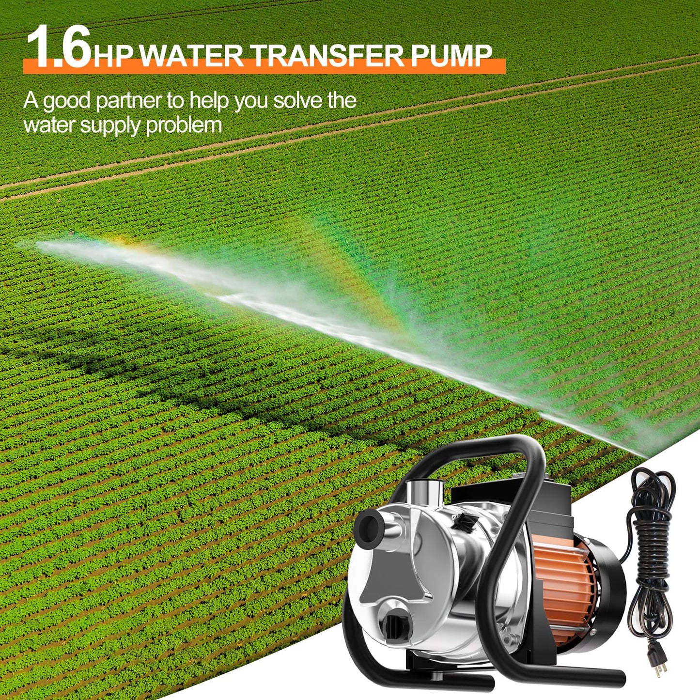 SHANGDA Water Transfer Pump 110V Shallow Well Pump 1.6HP Electric Portable Garden Pressure Booster Pumps for Sprinkler Irrigation Lawn with Adapters, Orange