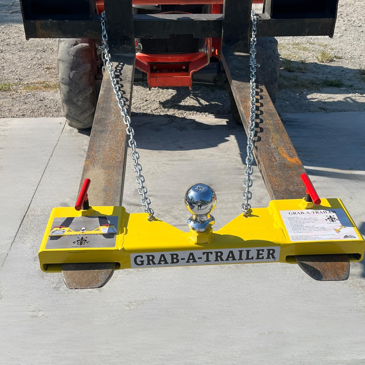 Grab-A-Trailer Forklift Hitch Attachment. Dual Pallet Fork Tow Adapter for Skid Steers and Forklifts with 500lb Tongue Weight Capacity, USA-Made. (Fits 1" Shank Tow Ball)