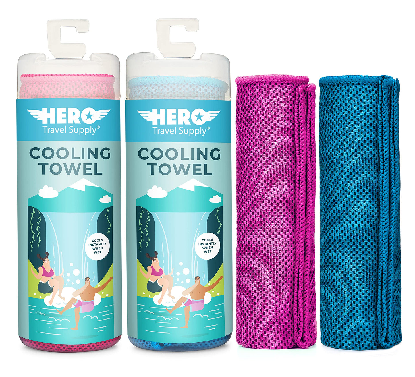 Hero Cooling Towel for Travel, Hiking, Sports, Yoga (2-Pack) Ultra Soft Microfiber 40" x 12" (Pink/Blue)