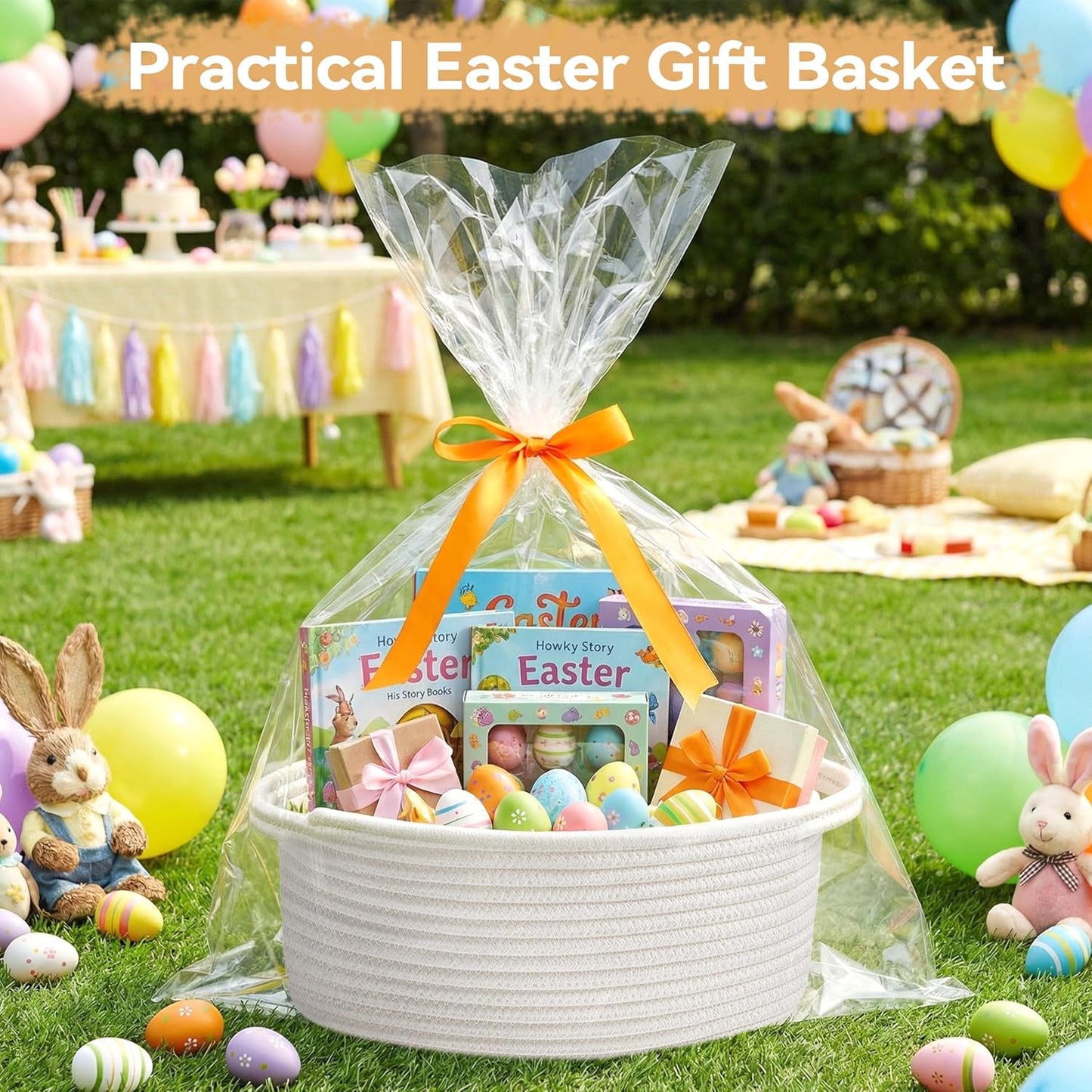 Pro Goleem Small Woven Easter Basket - Durable Gift Basket with Ribbons | 12" x 8" x 5" White Storage Basket