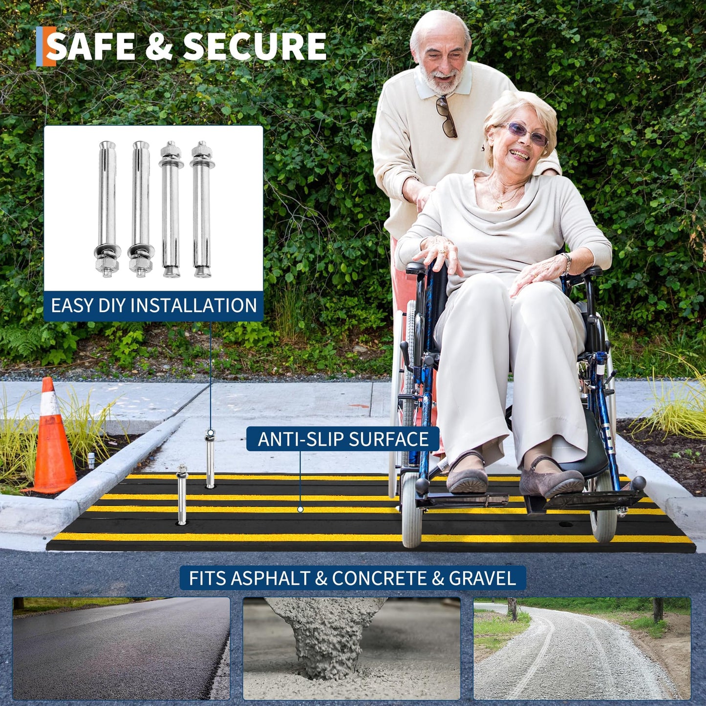 GarveeTech Rubber Driveway Ramps Set of 2, 48" Heavy Duty Accessibility Ramps with Drainage Grooves & Reflective Strips for Cars, Wheelchairs, Forklifts All Weather Use