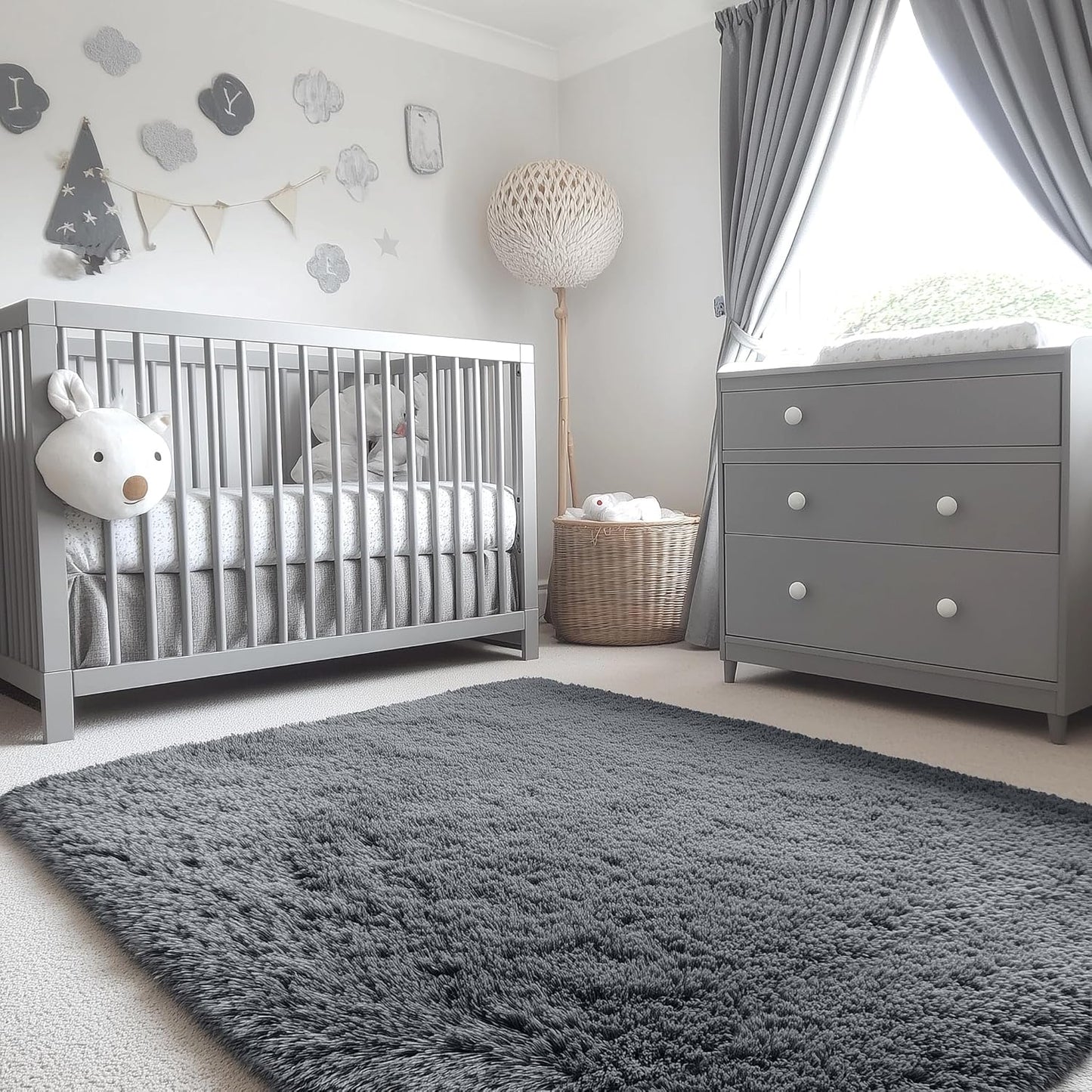 OLANLY Soft Fluffy Shaggy 3x5 Bedside Rug - Machine Washable Indoor Carpet for Kids & Nursery | Grey