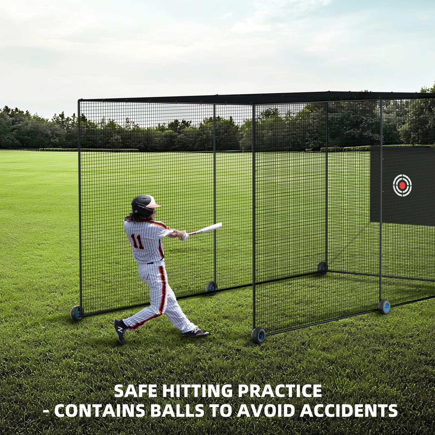 MR Mobile Baseball Batting Cage 24ft, Portable Heavy-Duty Baseball Hitting Cage w/Wheels, Wheel-Based Softball Batting Cage, Fully Enclosed Batting Cage Tunnel Complete Kit w/Frame and Netting