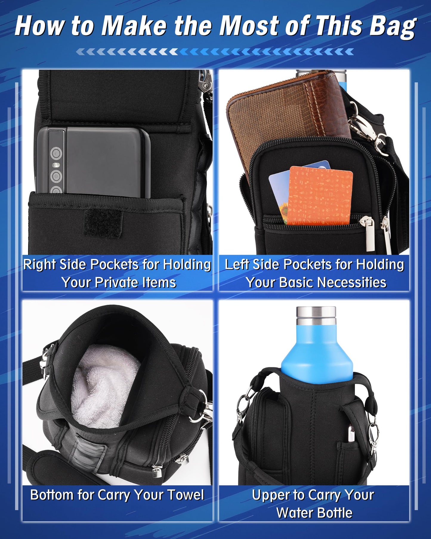 Gym Carrier, Magnetic Gym Pouch, Tumbler Carrier with Strap Phone Pockets, Fitness Portable Crossbody Bag with 6 Built-in Magnets, Gym Carrier with strap, Magnetic bag holder for Running Traval Sports