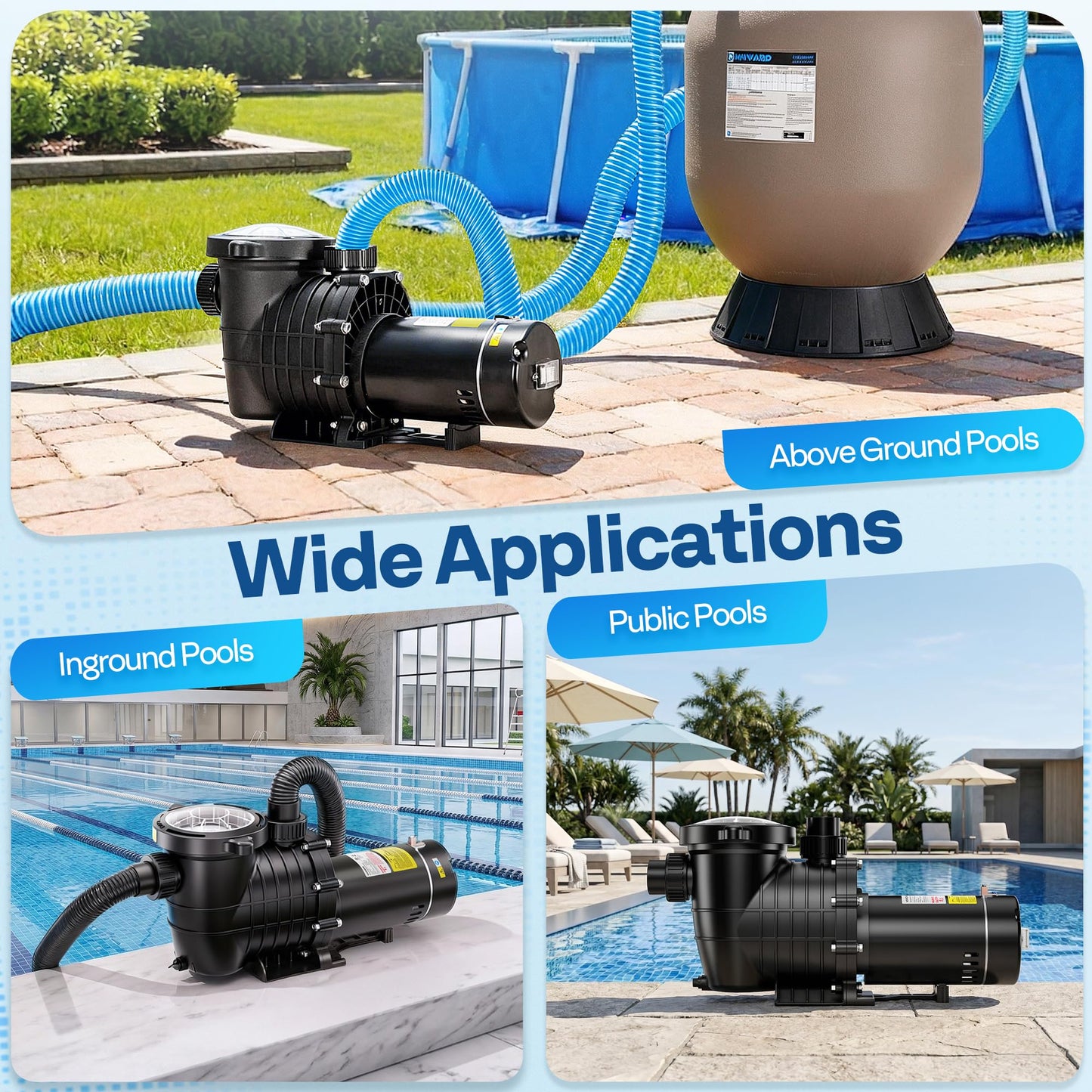 VIVOHOME 2.0HP 6500 GPH 115V Pool Pump, Self-Priming Energy Saving, 1.25" & 1.5" & 2" Inlet w/Strainer Basket for In/Above Ground Pools
