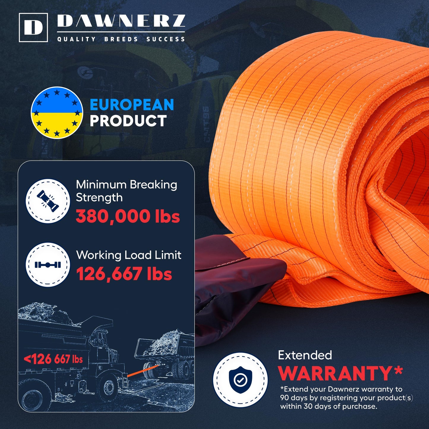 Dawnerz Heavy Duty Tow Strap 30 ft 380000 lbs Minimum Break Strength - Dawnerz Towing Rope for Truck Bus and Tractor