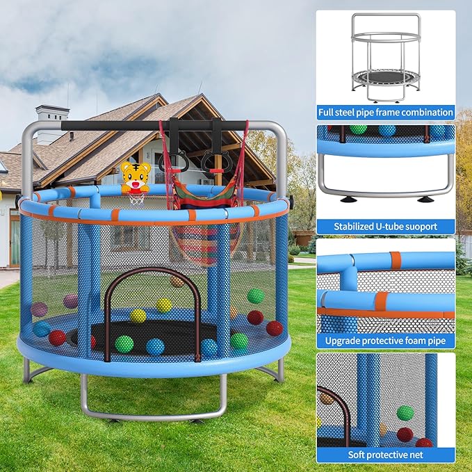 55" Small Trampoline for Kids, Telawah Indoor Outdoor with with Enclosure Net, Safety Enclosure, Round Jumping Mat with Basketball Hoops, Birthday Gifts for Children
