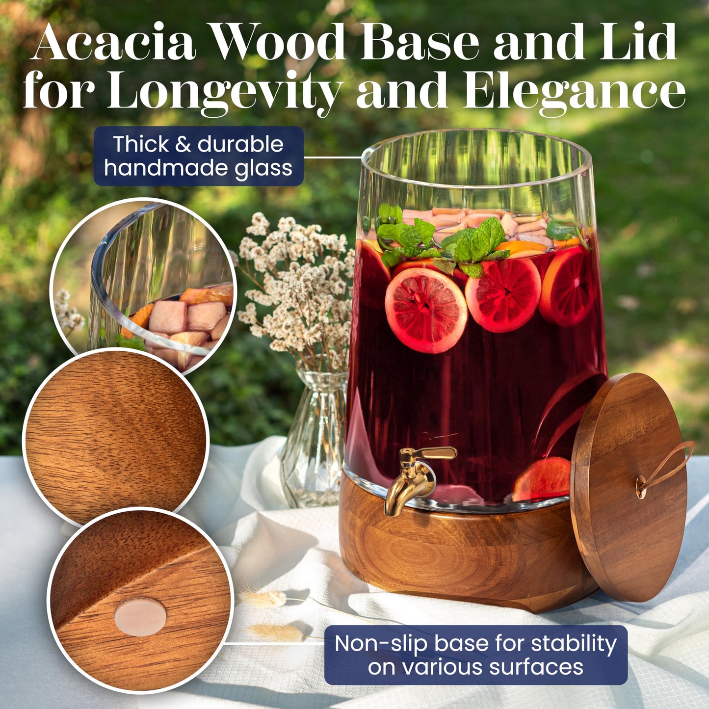 FOODLE Extra Large Glass Drink Dispenser with Spigot - Glass Beverage Dispenser with Stand - Perfect for Parties & Catering - Pitcher for Lemonade, Water, Sangria & Juice - Leakproof Spout - 3 Gallon