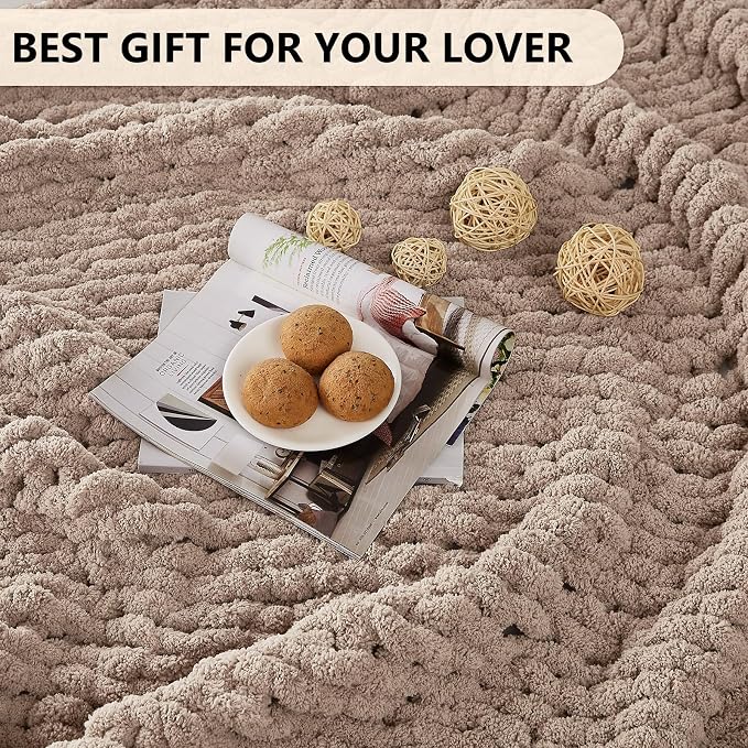L'AGRATY Chunky Knit Blanket Throw: 72''x84'' Chenille Chunky Knitted Throw Blankets for Bed Couch - Handmade Thick Big Cable Knit Blanket - Large Crochet Rope Blankets for Home Decor(Light Taupe)