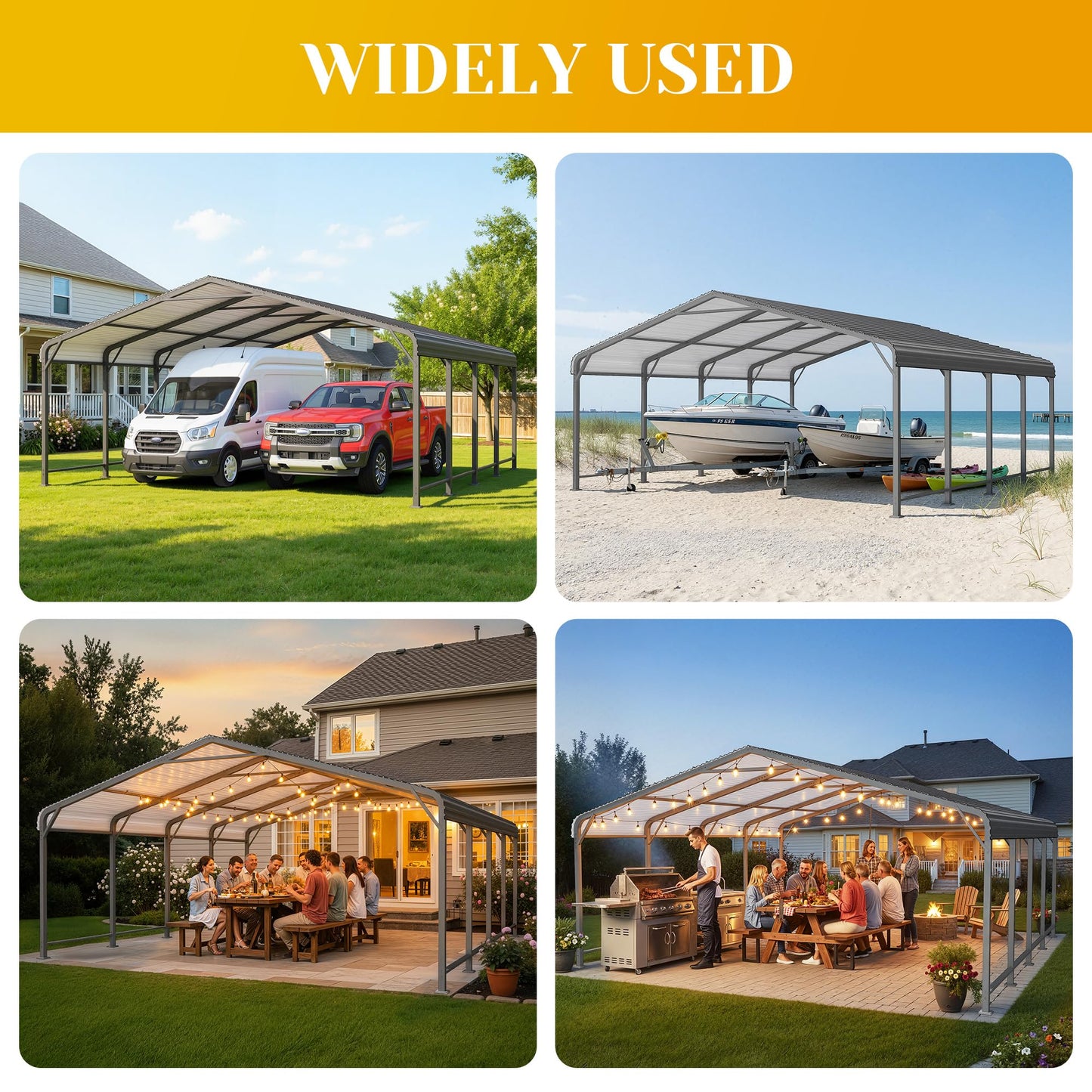 20x20 FT Car Port, Metal Carport for 2 Cars, Heavy Duty Canopy Carport with Updated Roof & Enhanced Base, Garage Vertaile Carports for RV Car, Truck, Boat, Tractors, Party, Grey